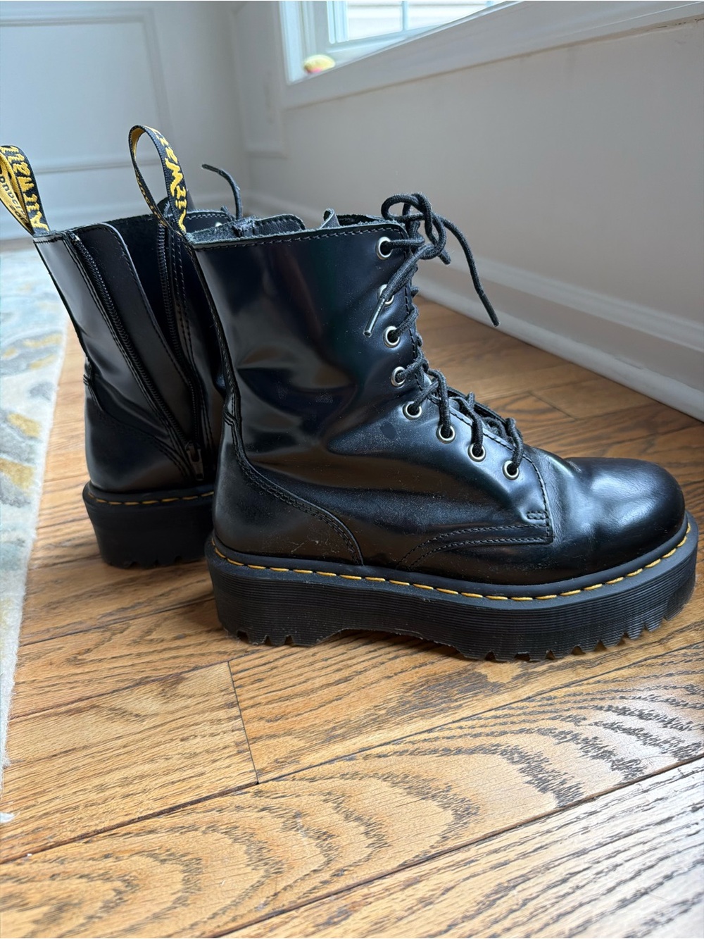Dr. Martens Black Platform Lace-Up Ankle Boots with Yellow Stitching